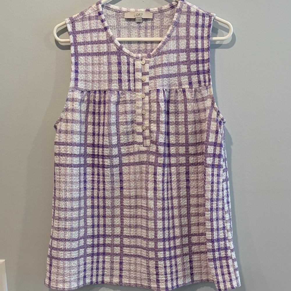 LOFT Purple and White Plaid Sleeveless Blouse